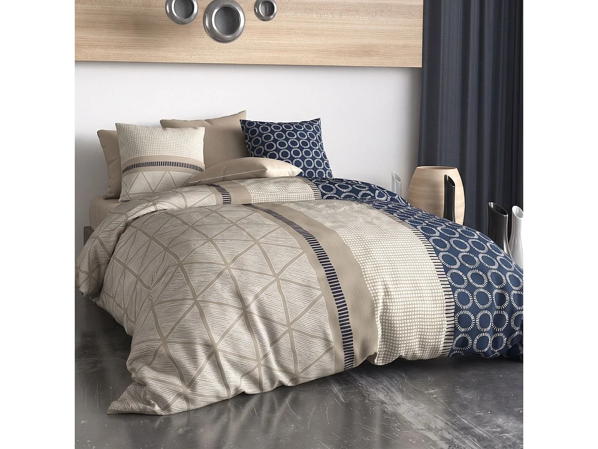 Parure housse de couette 240x220cm + 2 taies motif graphique bleu et beige 100% coton - MALVINA