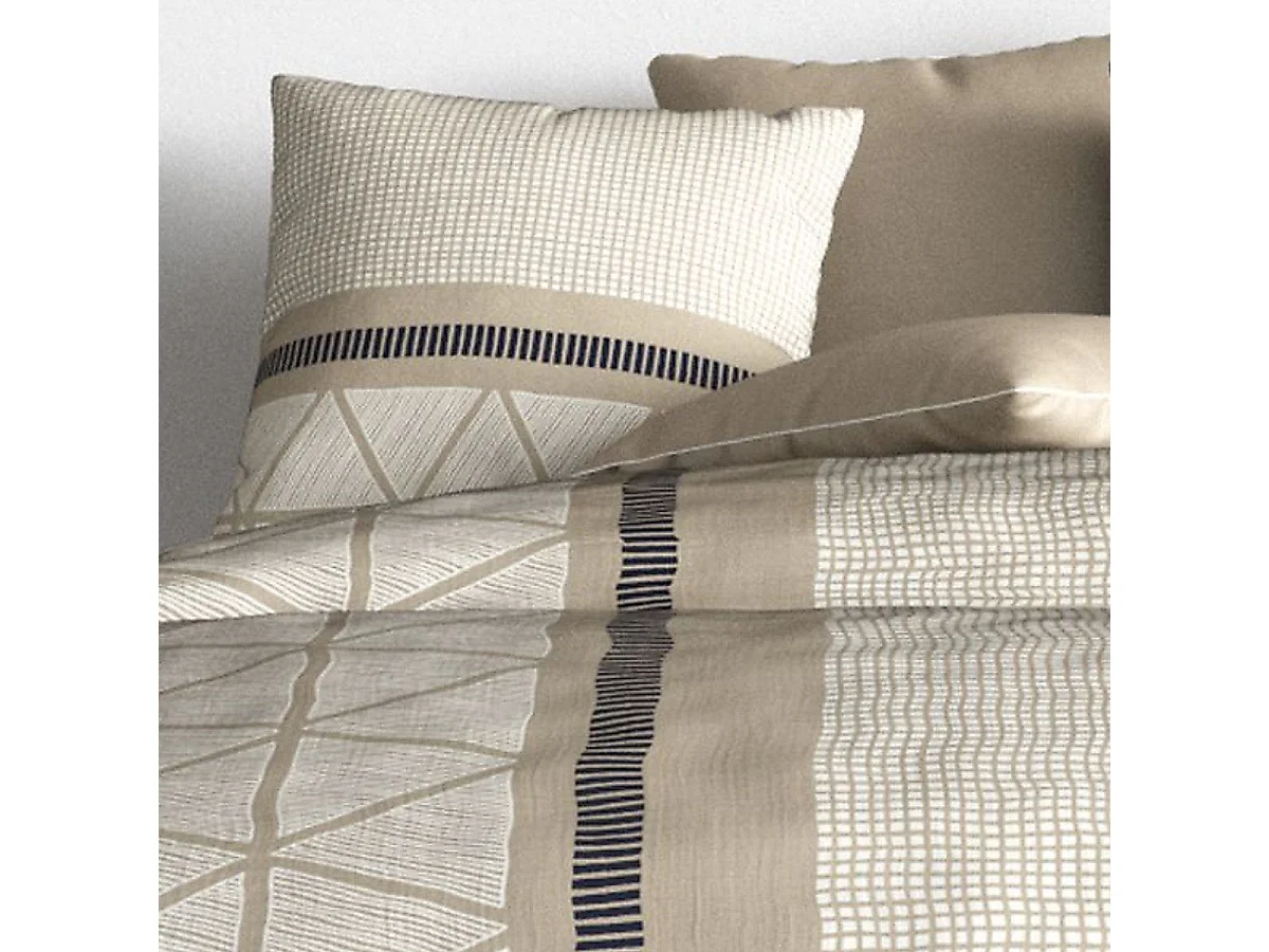 Parure housse de couette 240x220cm + 2 taies motif graphique bleu et beige 100% coton - MALVINA