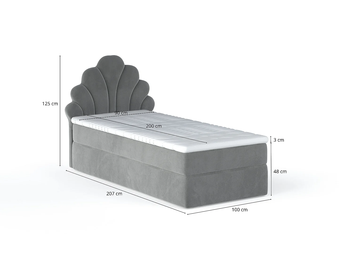 Lit tapissé élégant PERLA 90x200 cm en tissu salvador 17 gris