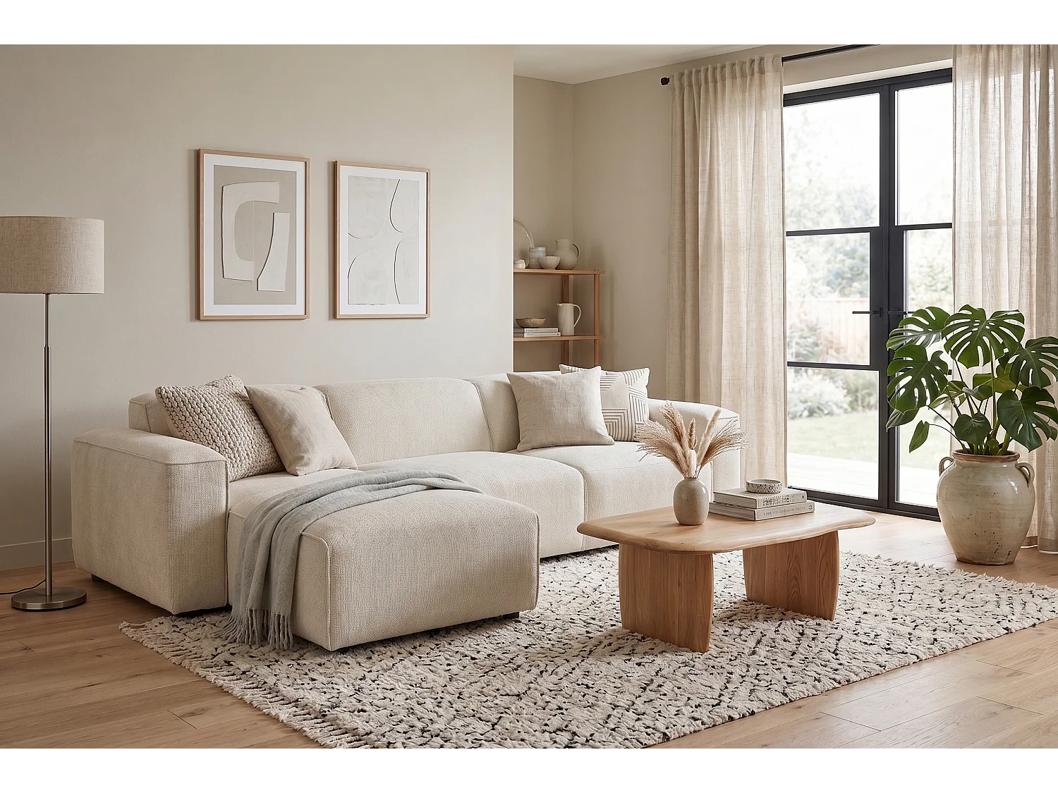 MILKY – canapé d’angle convertible gauche 275x174 cm, FLOW 5 crème