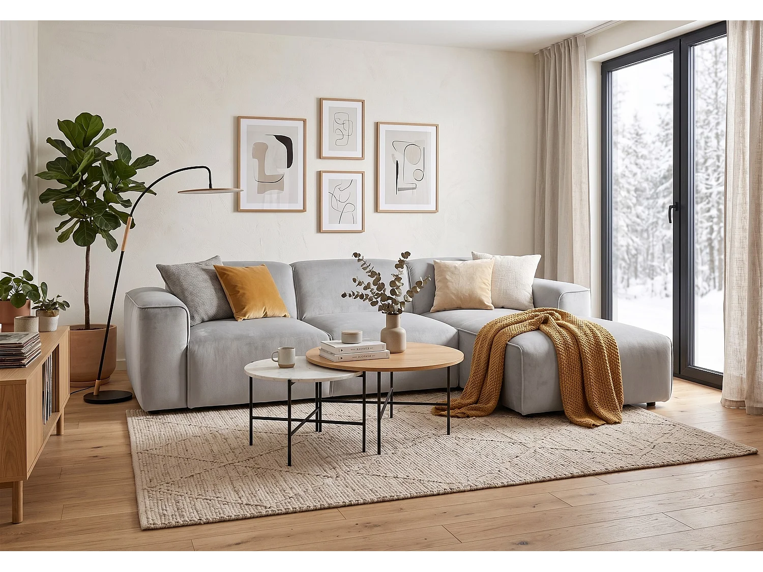 MILKY – canapé d’angle convertible droit 275x174 cm, RIVIERA 82 gris clair