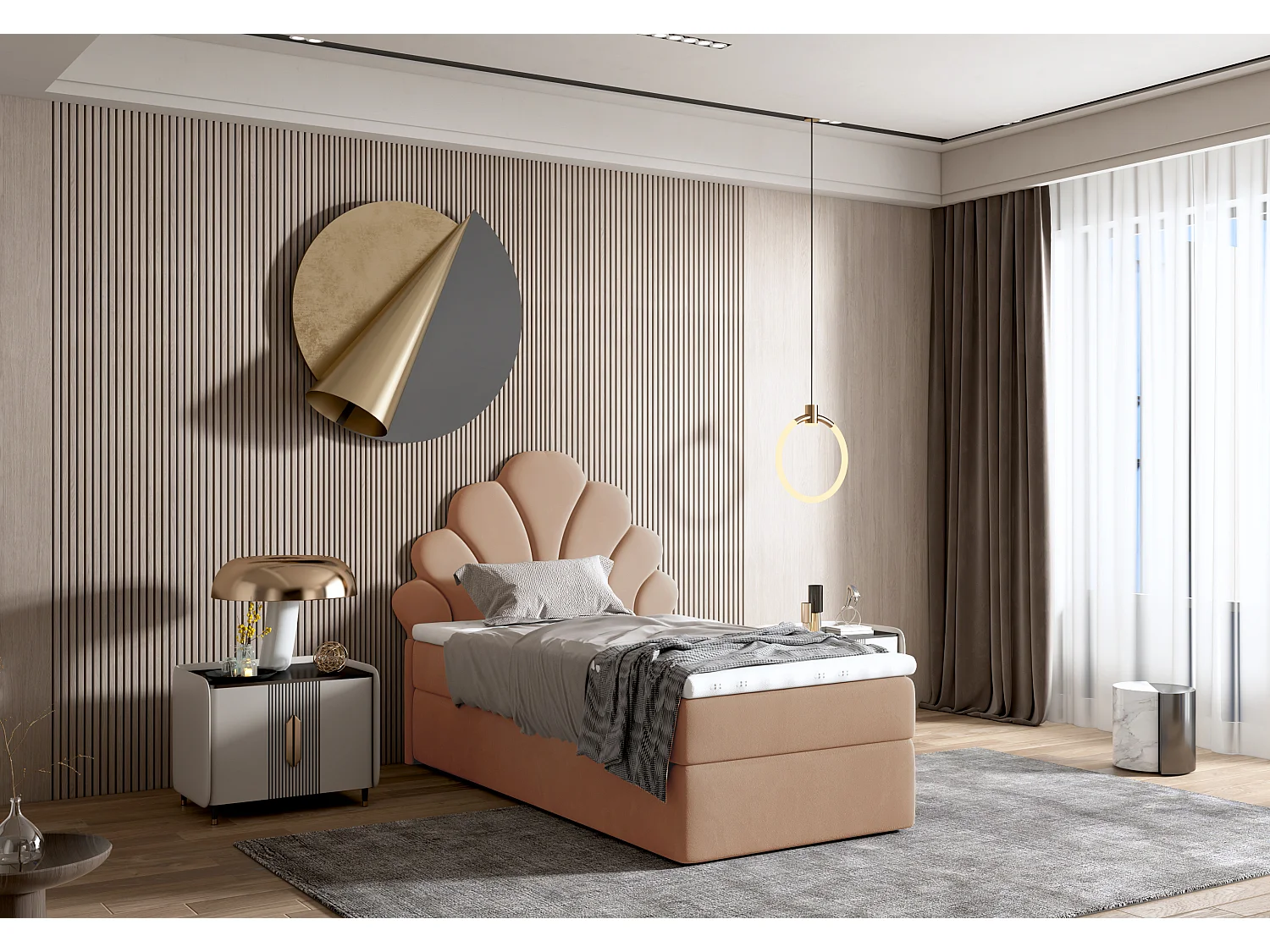 Lit tapissé élégant PERLA 90x200 cm en tissu salvador 11 saumon / rose