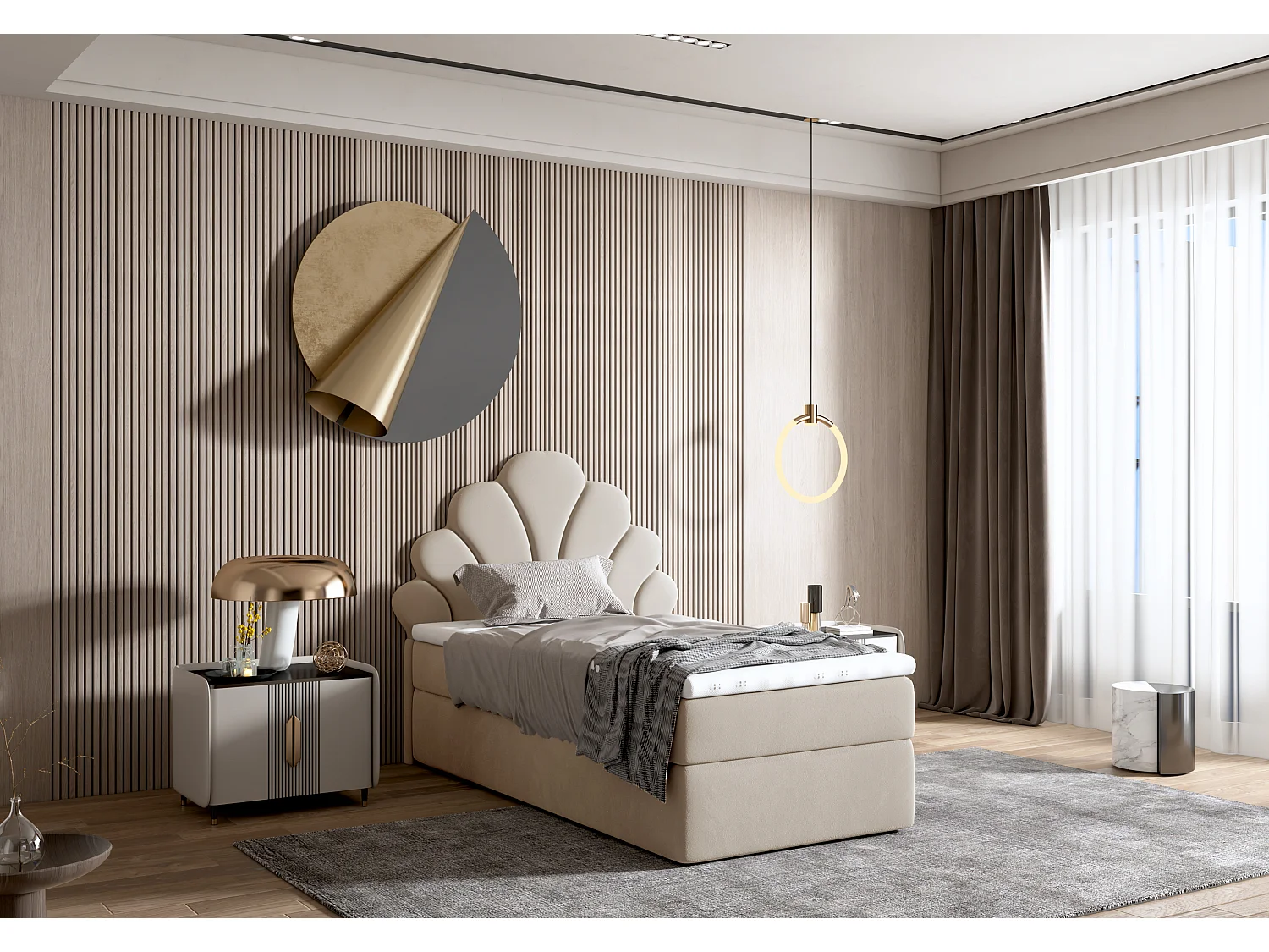 Lit tapissé élégant PERLA 90x200 cm en tissu salvador 02 beige