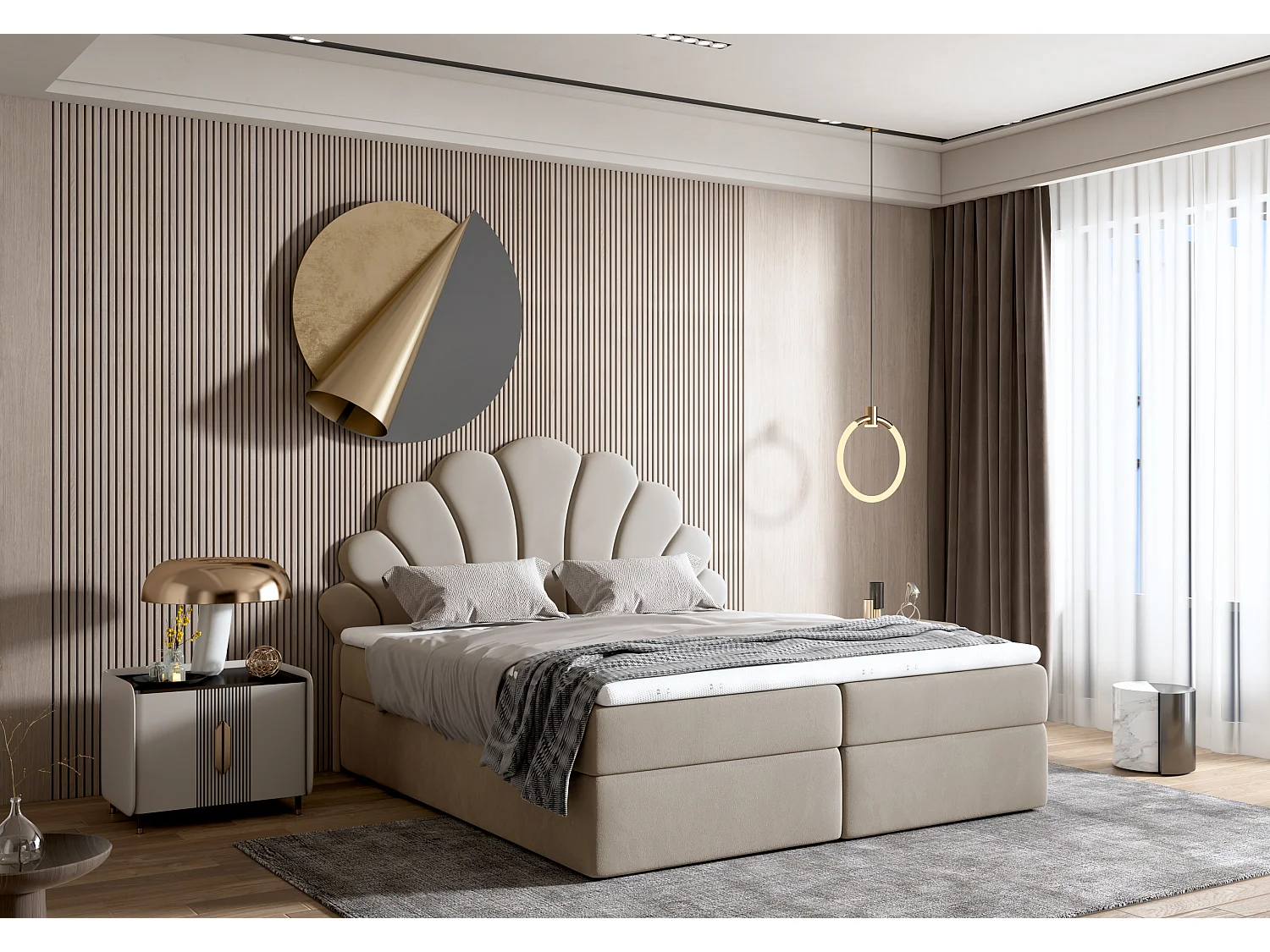 Lit tapissé élégant PERLA 200x200 cm en tissu salvador 02 beige