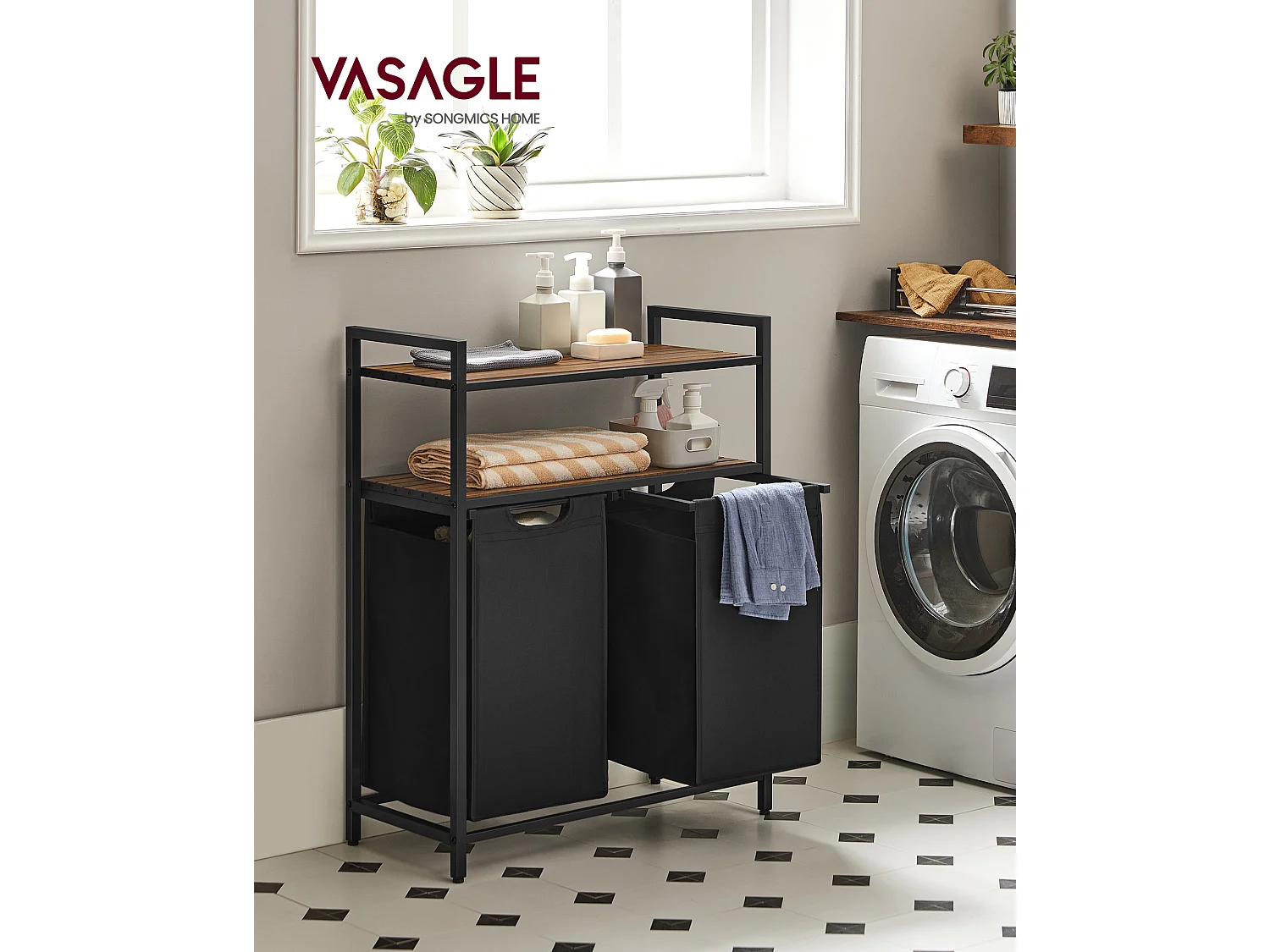 Panier à linge 73x33x92 cm noir brun rustique