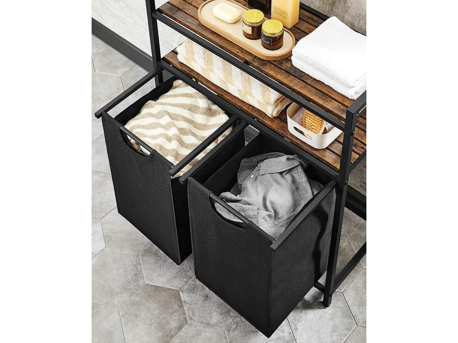 Panier à linge 73x33x92 cm noir brun rustique