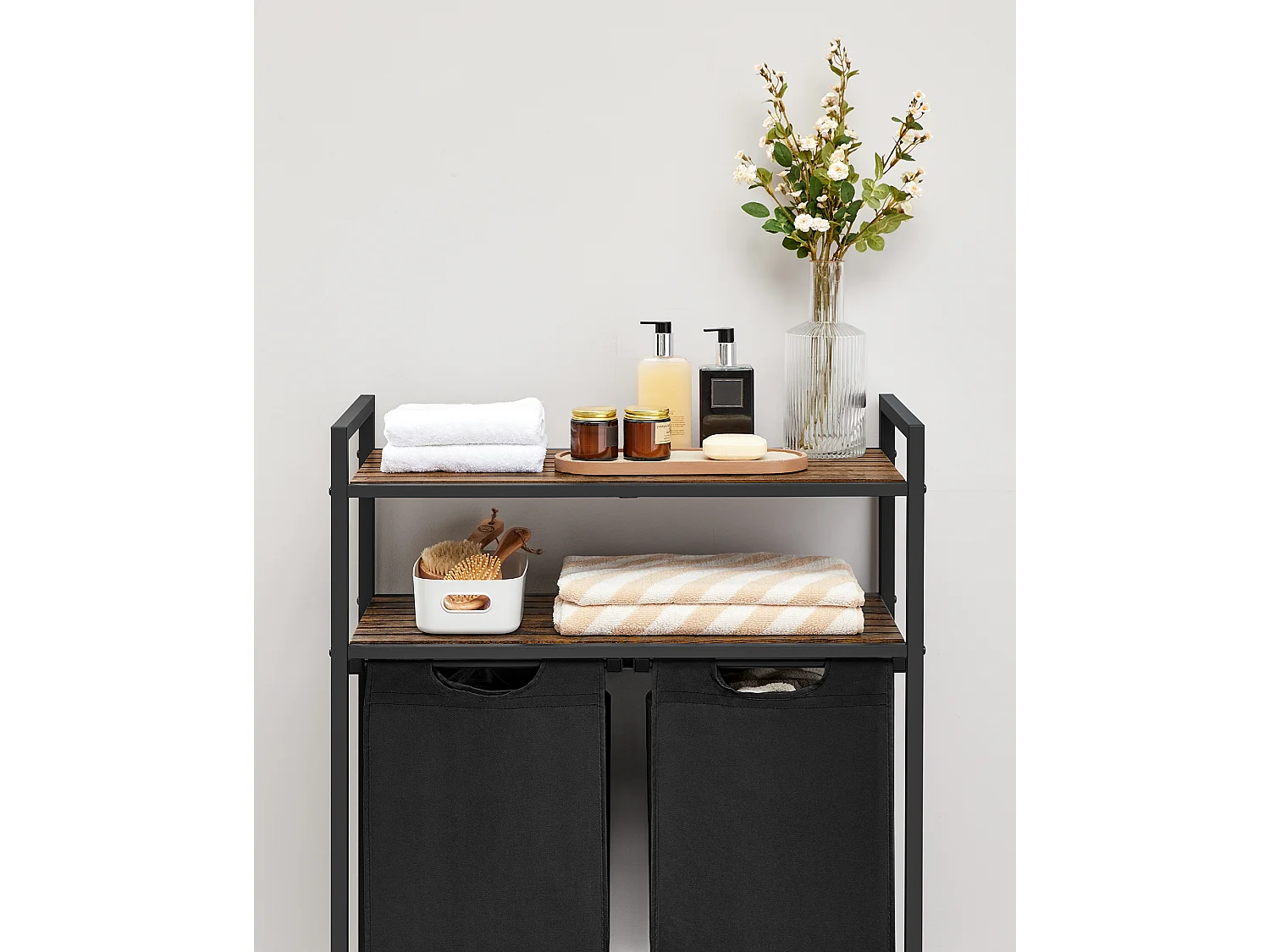 Panier à linge 73x33x92 cm noir brun rustique