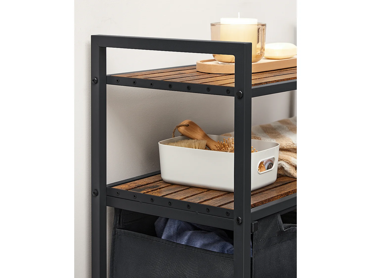 Panier à linge 73x33x92 cm noir brun rustique