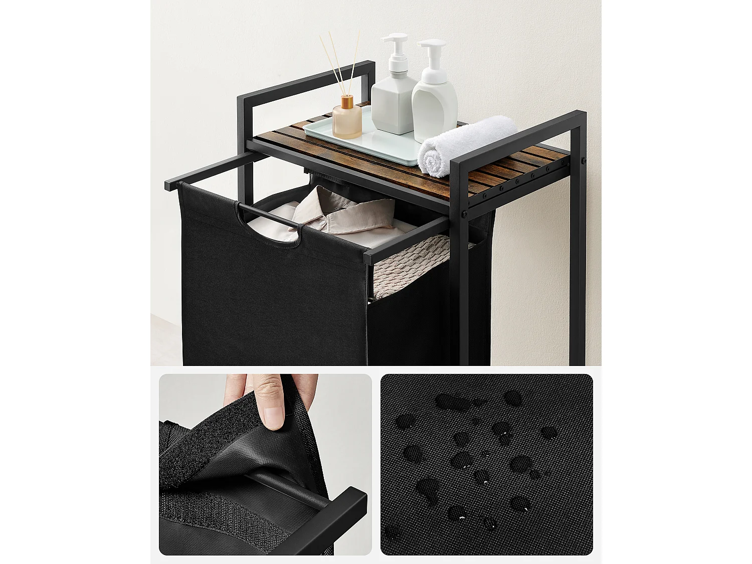 Panier à linge 50x33x72 cm marron et noir