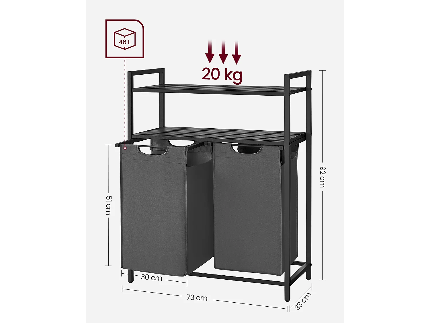 Panier à linge 73x33x92 cm noir-gris