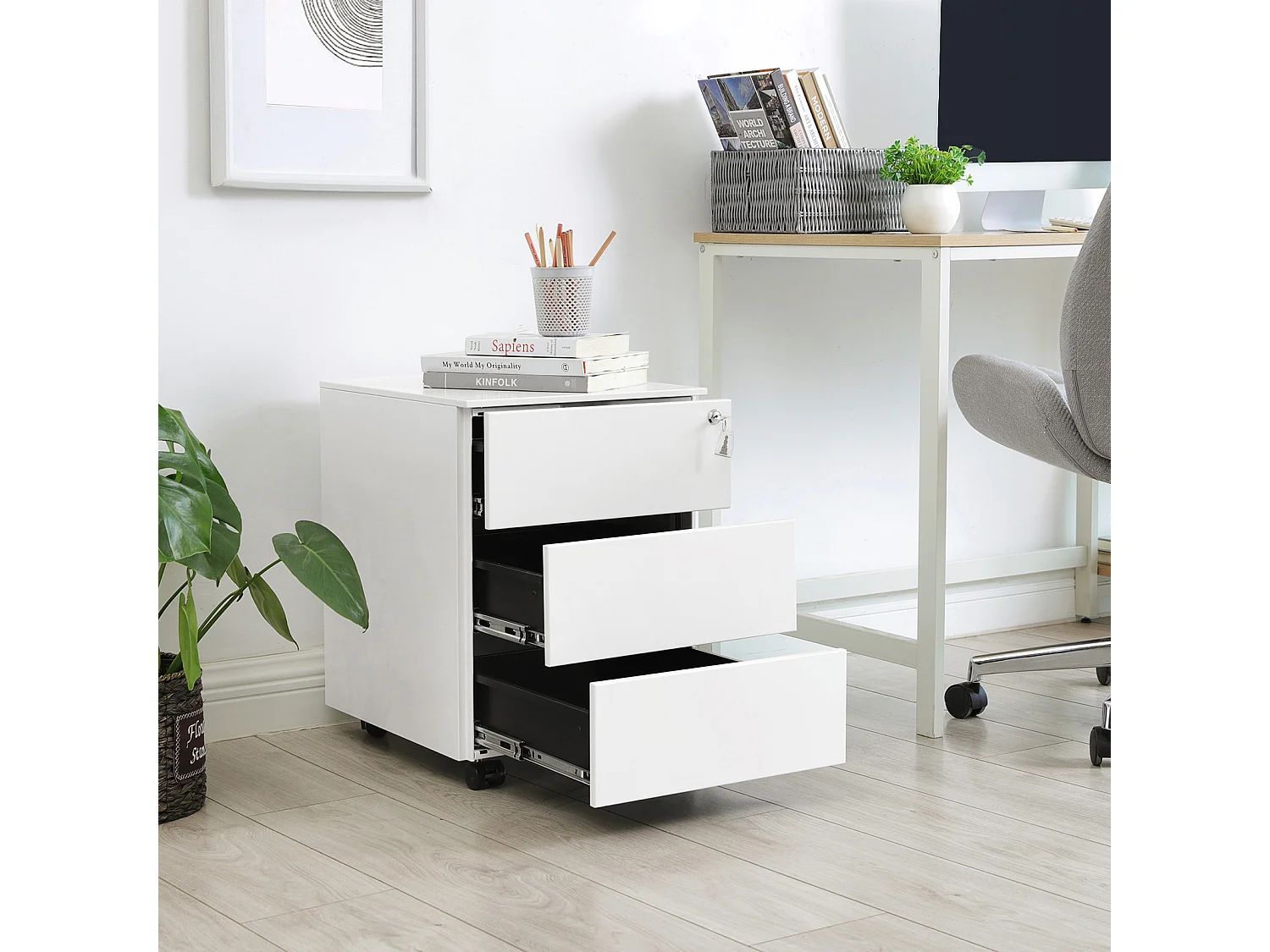 Mobiletto archivio 55x45x39 cm contenitore mobile in acciaio bianco con ruote