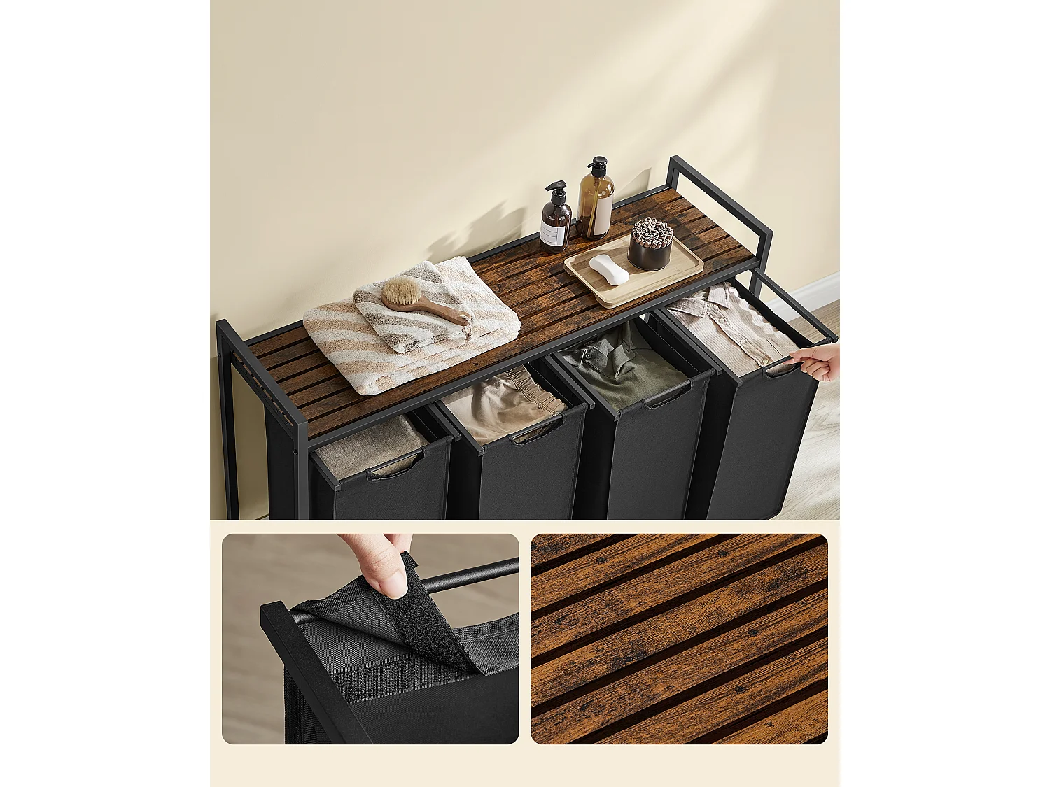 Panier à linge 116x33x72 cm marron rustique et noir