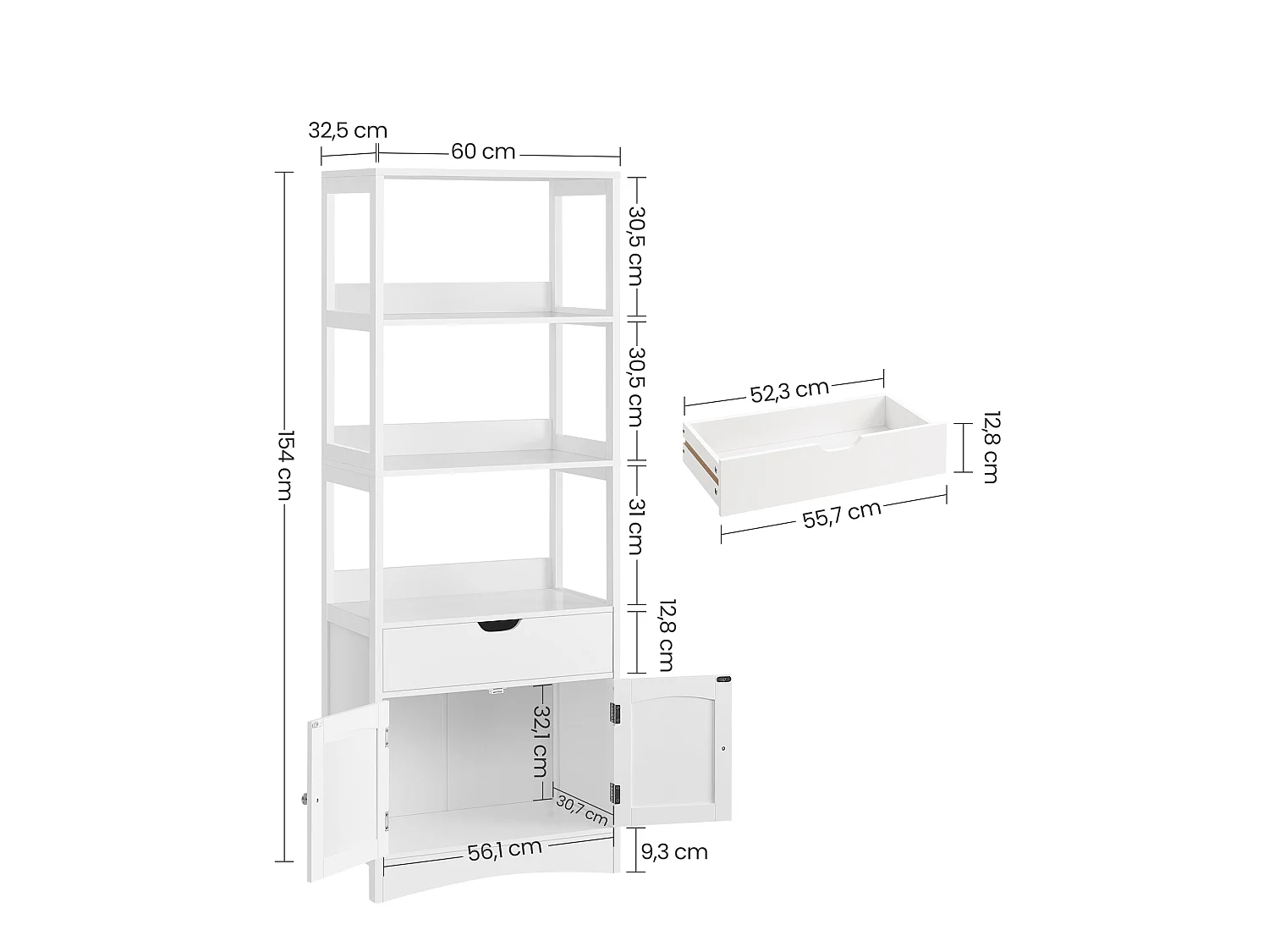 Armario de almacenamiento para baño 60x32.5x154 cm blanco