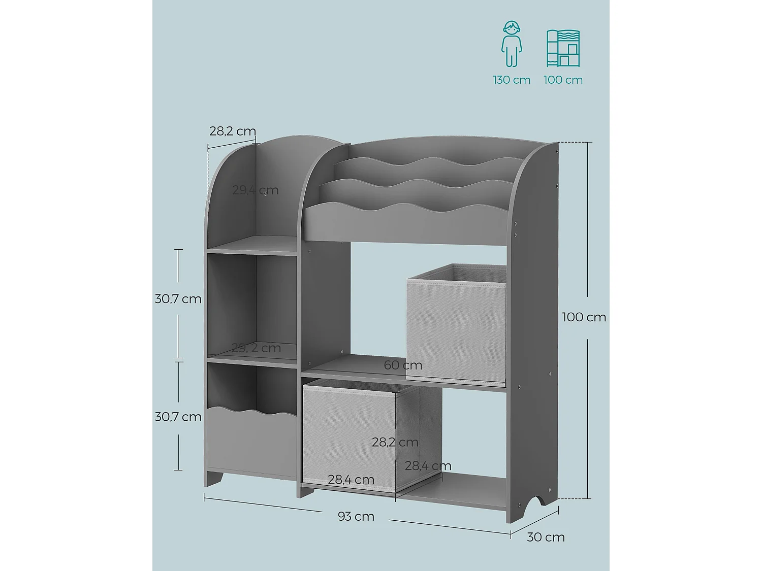 Toy storage shelf 93x30x100 cm dove grey