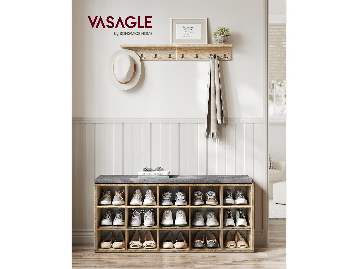 Banc à chaussures 30x105x48 cm chêne avec grains bleus et gris