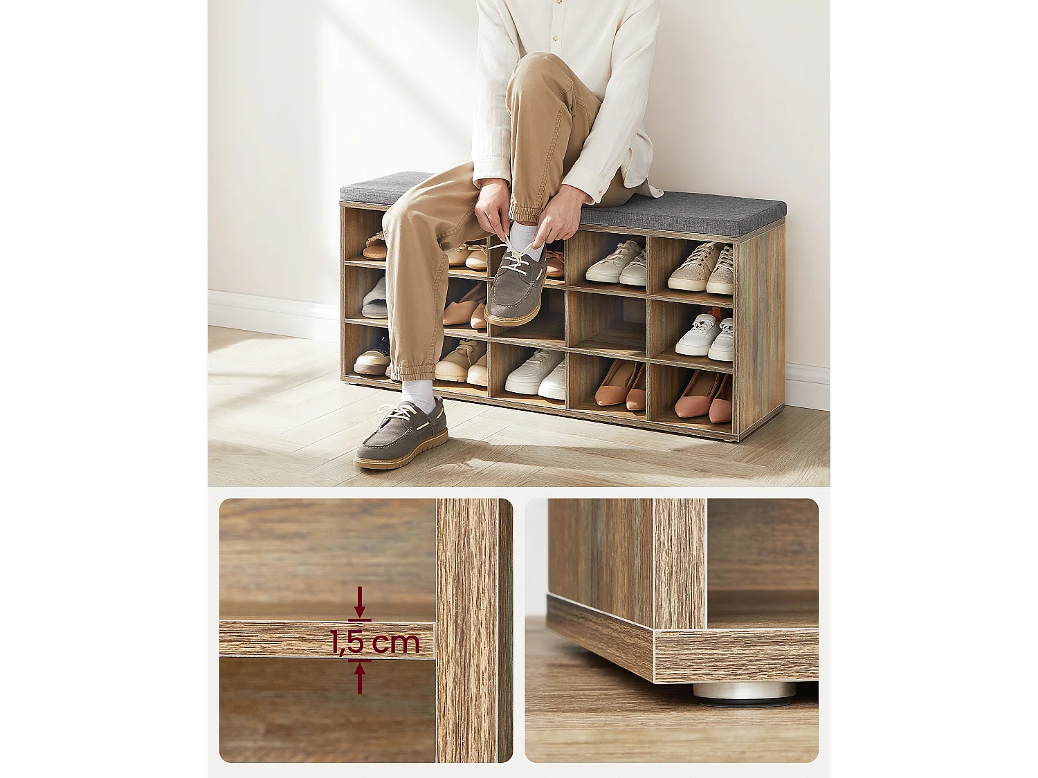 Banc à chaussures 30x105x48 cm chêne avec grains bleus et gris