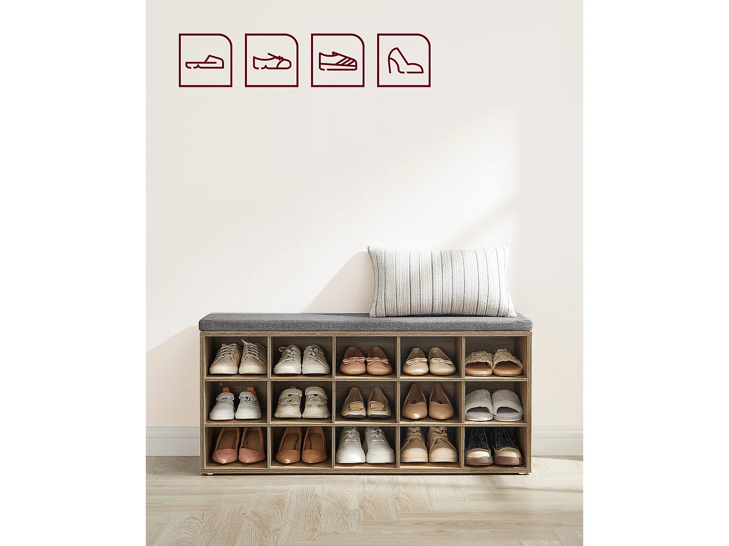 Banc à chaussures 30x105x48 cm chêne avec grains bleus et gris