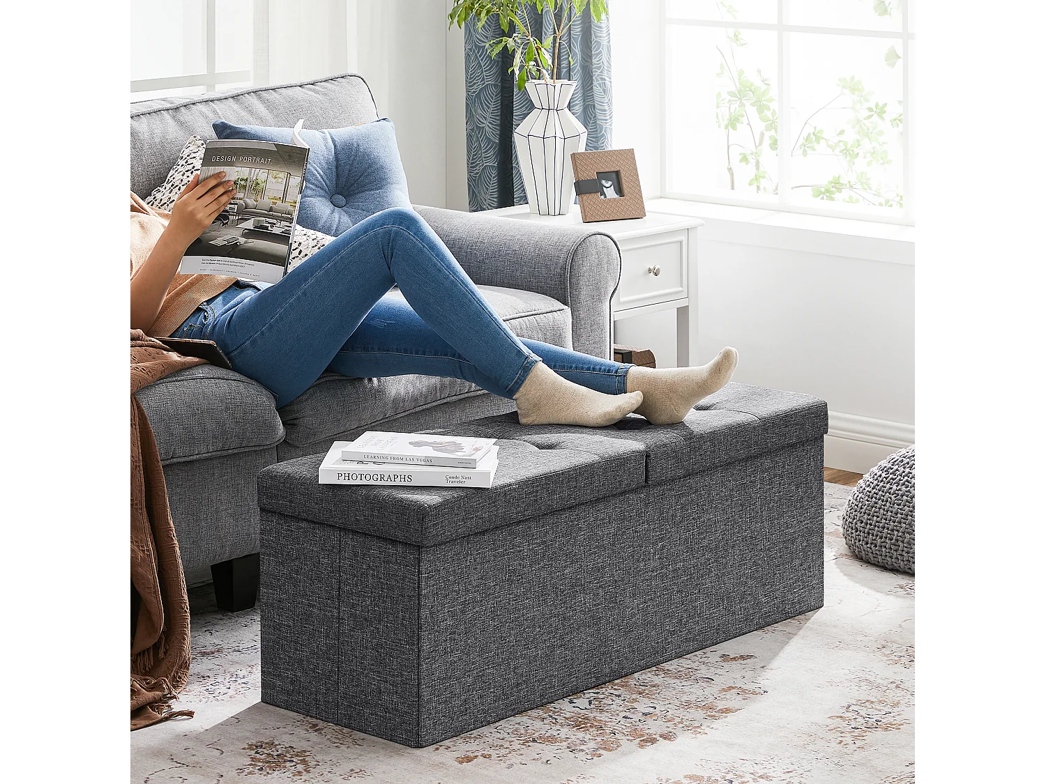 Ottomane de rangement 38x110x38 cm gris
