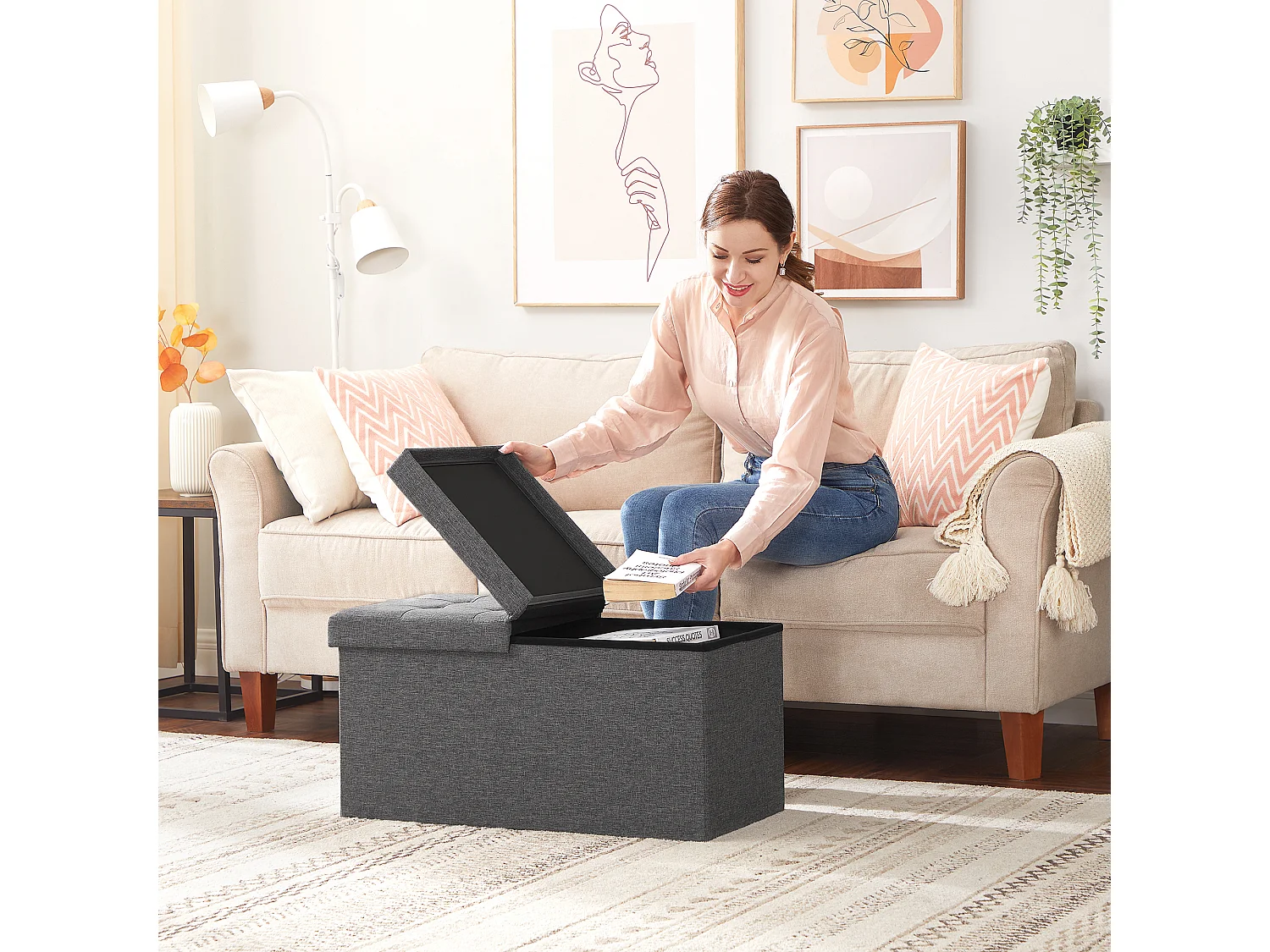 Pouf de rangement 76x38x38 cm gris