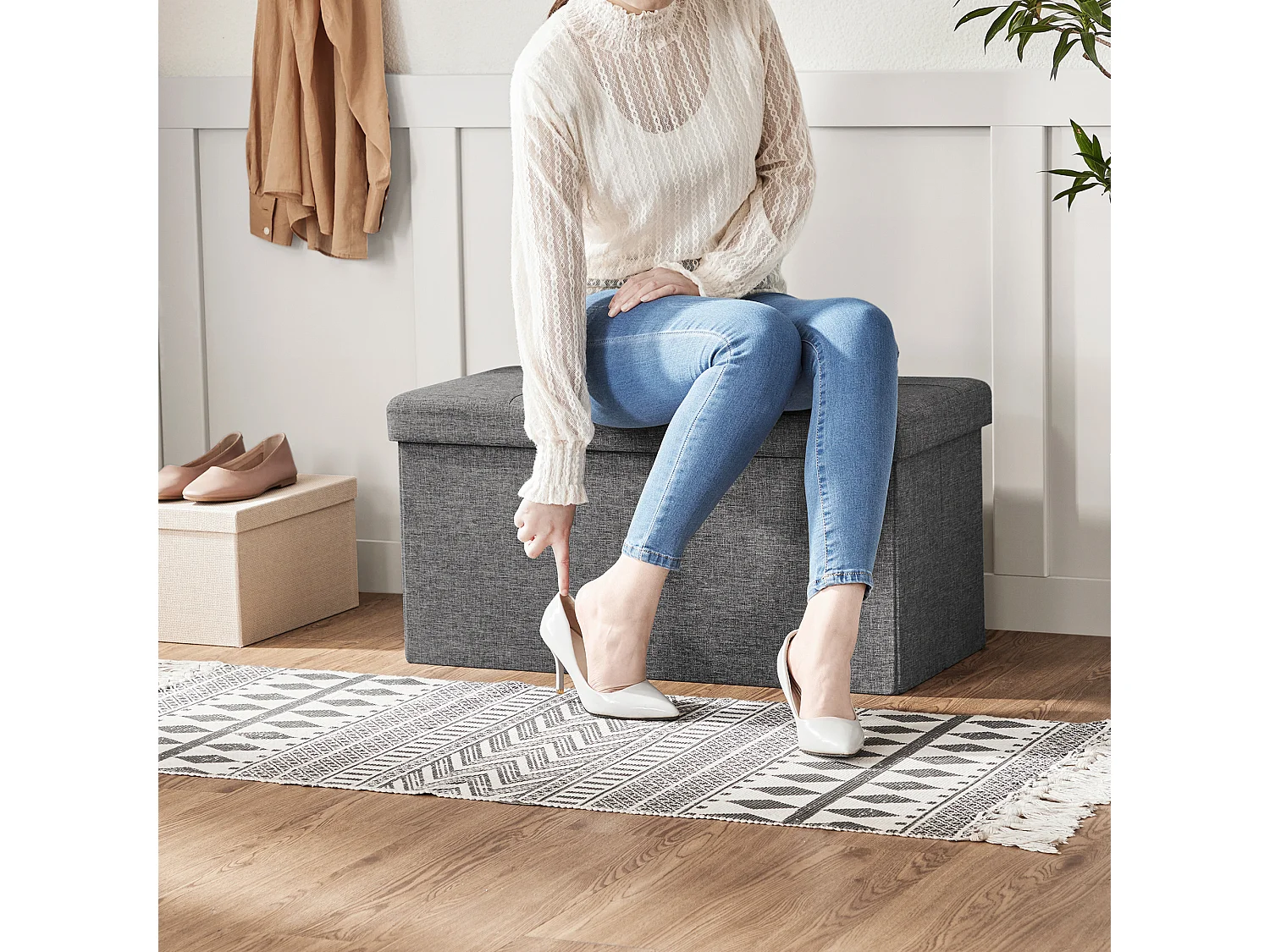 Pouf de rangement 76x38x38 cm gris