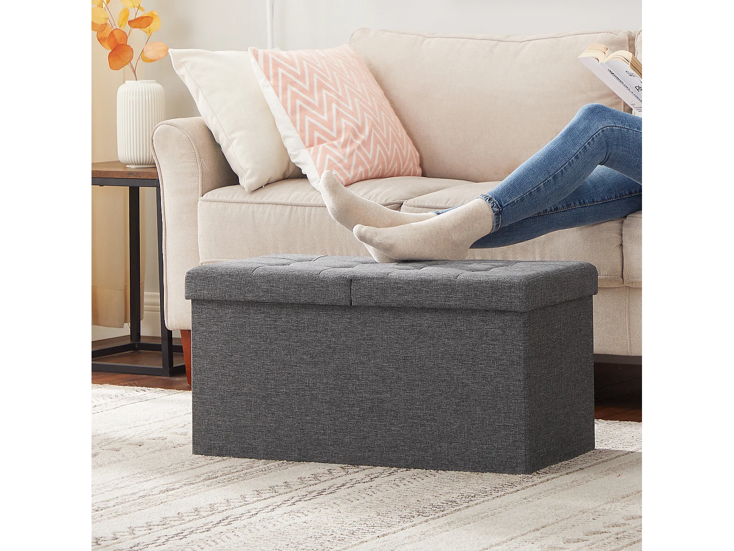 Pouf de rangement 76x38x38 cm gris