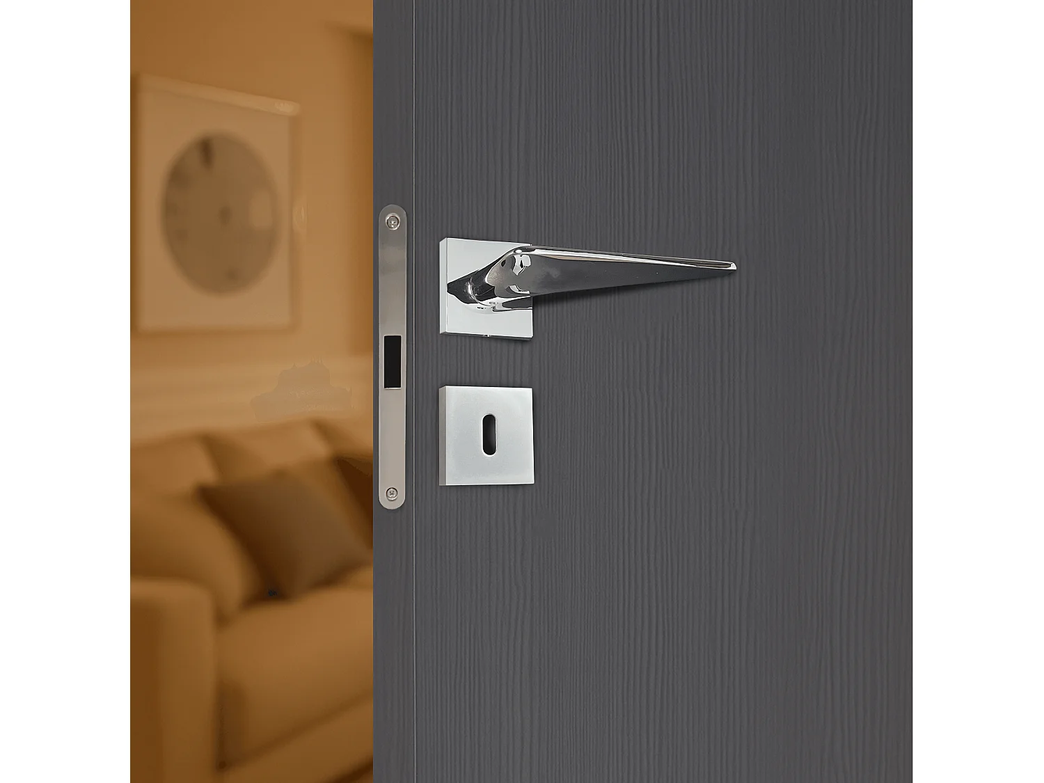 Poignée de porte design à clé finition aspect chrome brillant Andrea - KATCHMEE - KatchMee