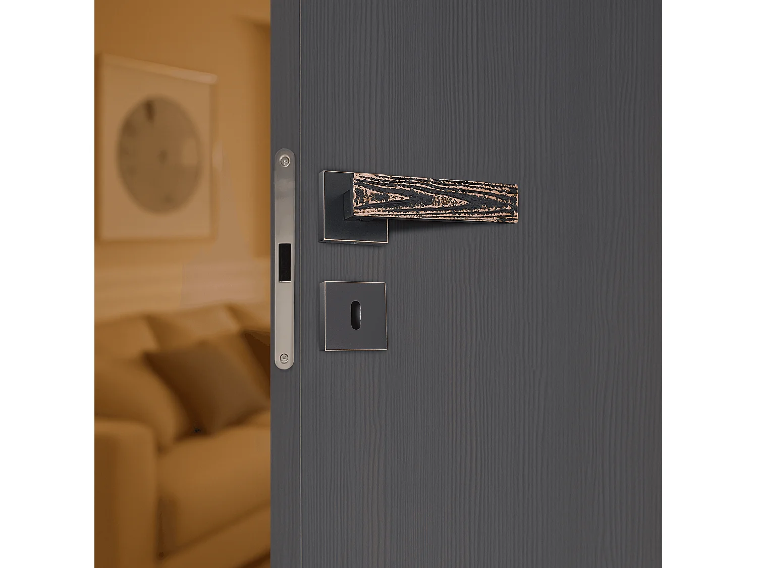 Poignée de porte design à clé finition aspect cuivre patiné noir Flora - KATCHMEE - KatchMee
