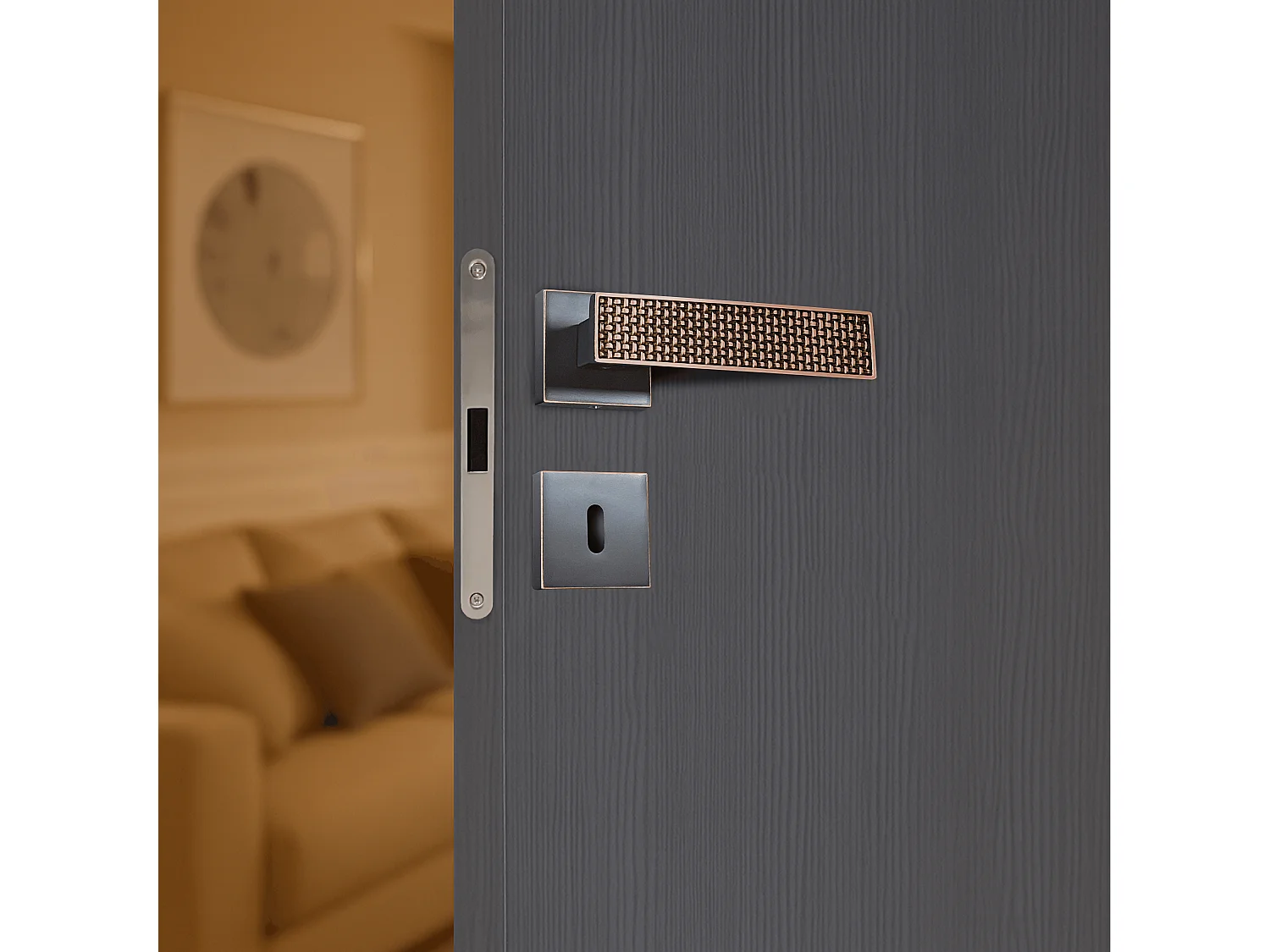 Poignée de porte design à clé finition aspect cuivre patiné noir Amalia - KATCHMEE - KatchMee