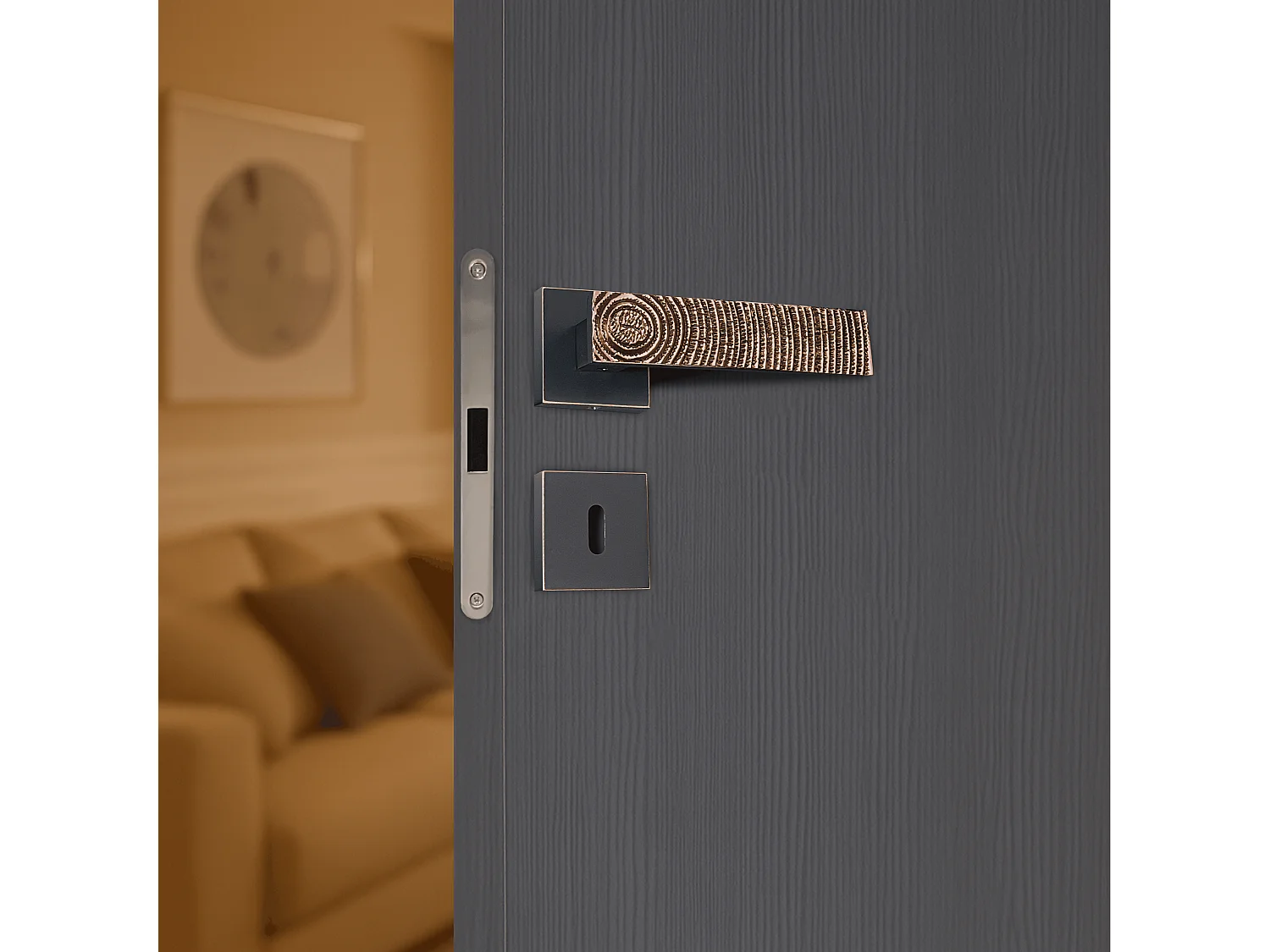 Poignée de porte design à clé finition aspect cuivre patiné noir Luna - KATCHMEE - KatchMee