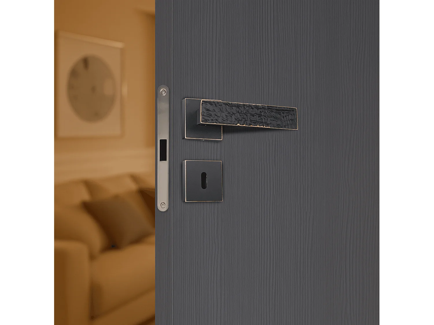 Poignée de porte design à clé finition aspect cuir patiné noir Perla - KATCHMEE - KatchMee
