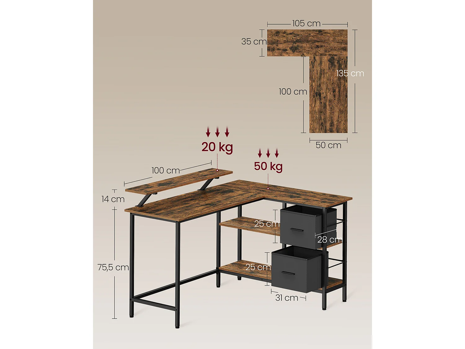 Computer Desk 135x105x89 cm Rustic Brown