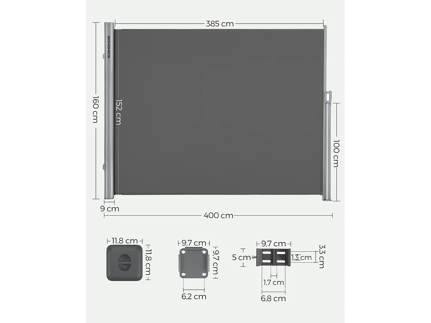 Seitenmarkise 160x400 cm grau