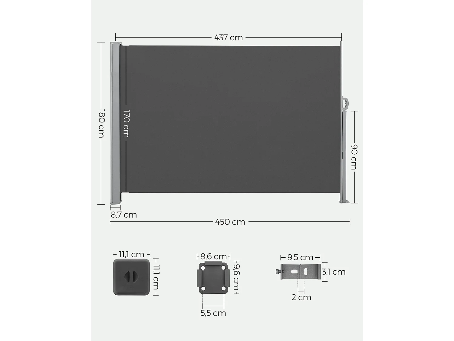 Seitenmarkise 180x450 cm grau