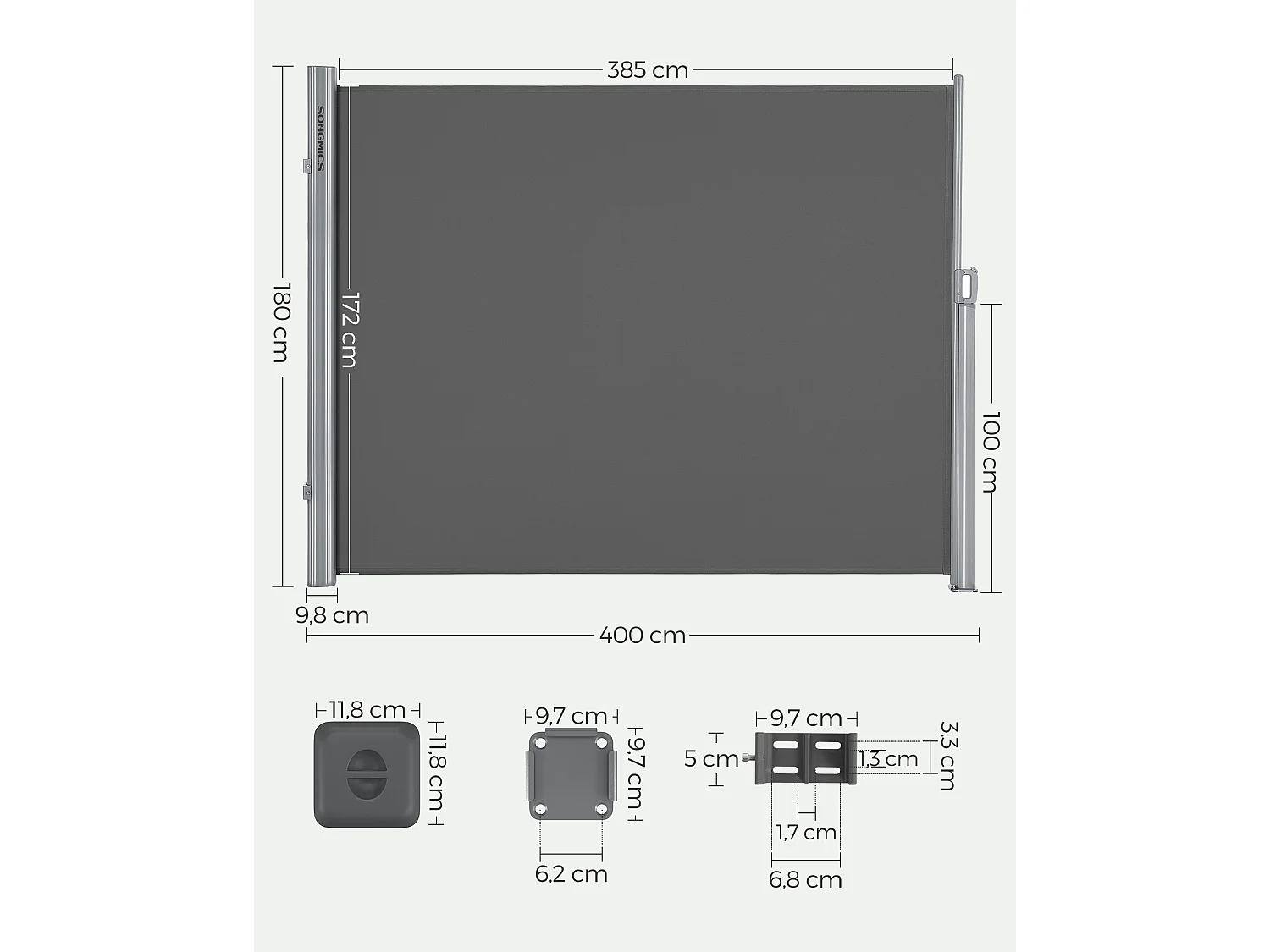 Seitenmarkise 180x400 cm grau