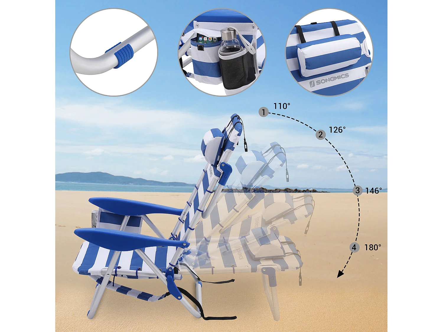 Chaise de plage 63x68x75 cm Bleu et blanc
