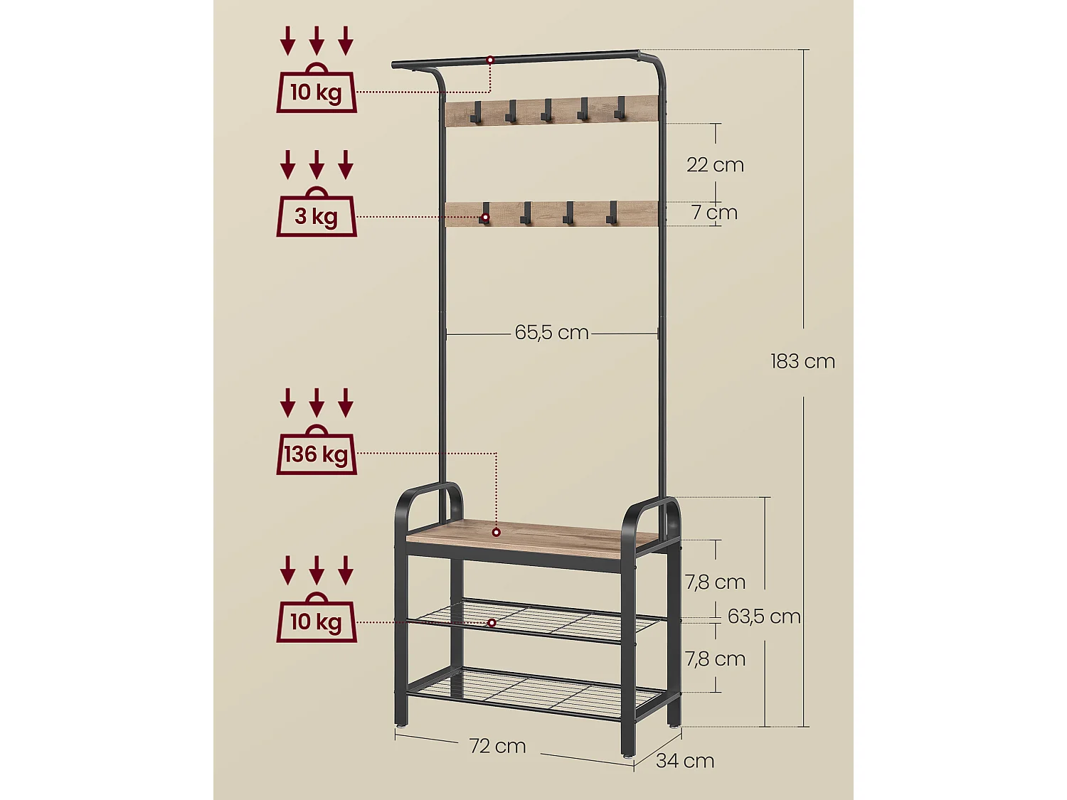 Kapstok 34x72x183 cm kameelbruin en zwart