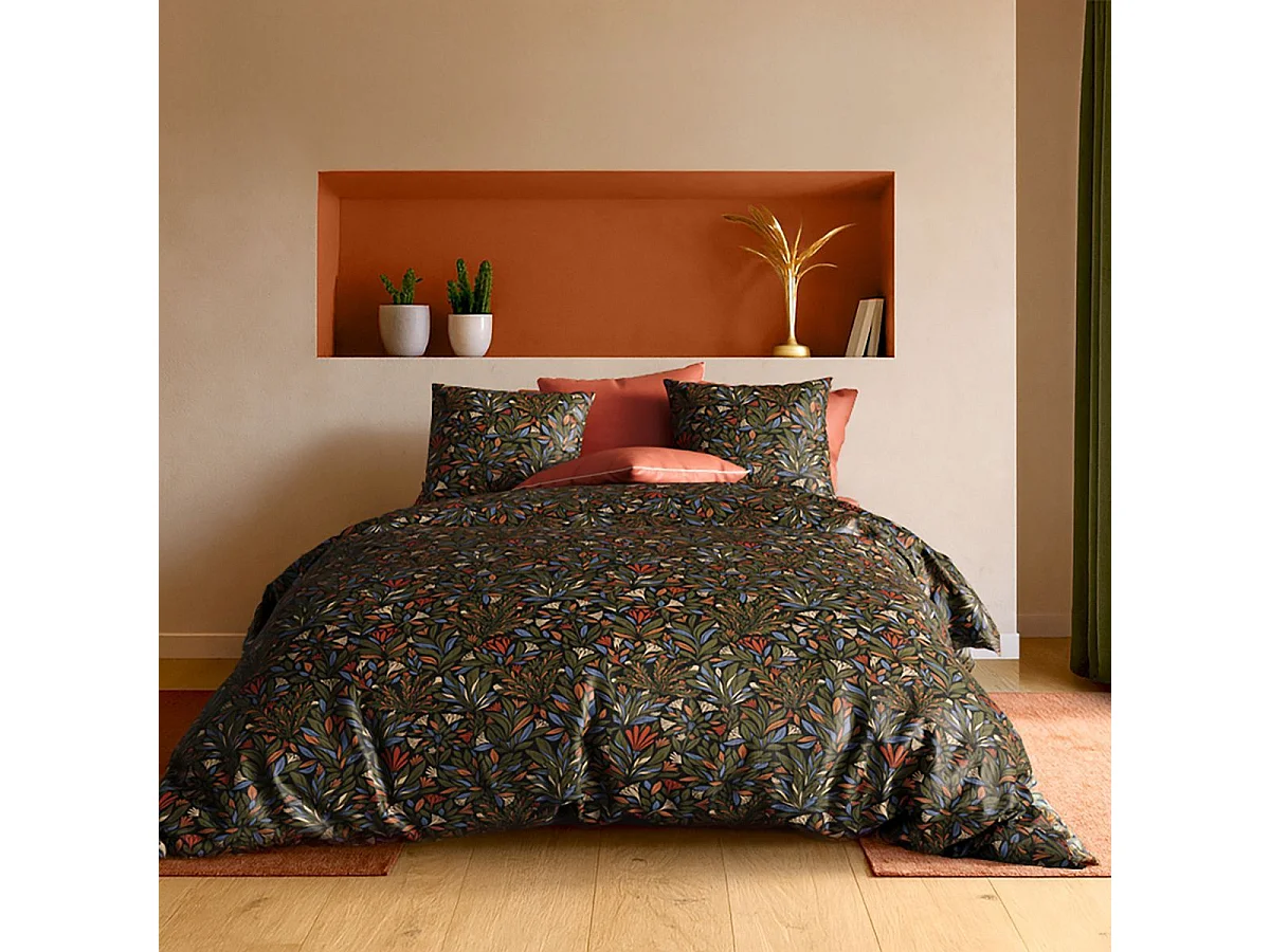 Parure housse de couette 240x220cm + 2 taies motif feuillage vert foncé 100% coton - BOLIVIA