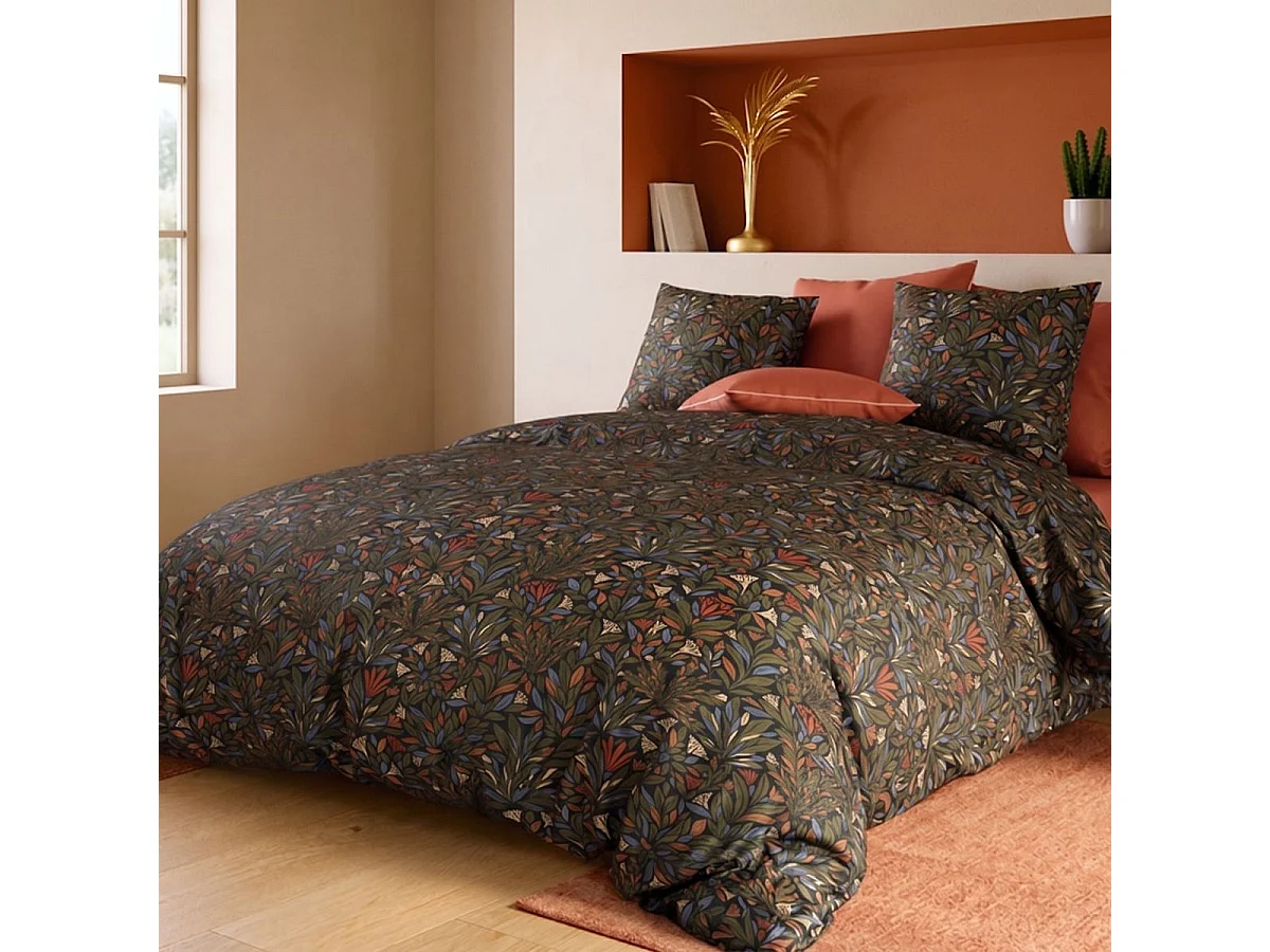 Parure housse de couette 240x220cm + 2 taies motif feuillage vert foncé 100% coton - BOLIVIA