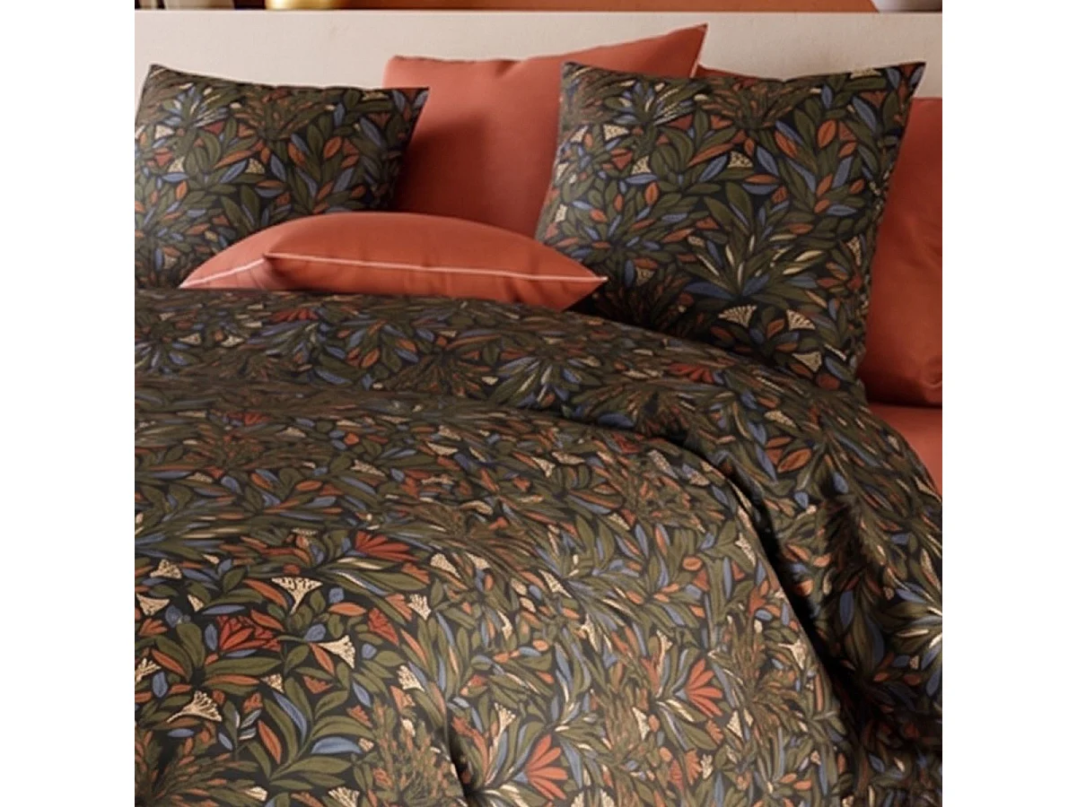 Parure housse de couette 240x220cm + 2 taies motif feuillage vert foncé 100% coton - BOLIVIA