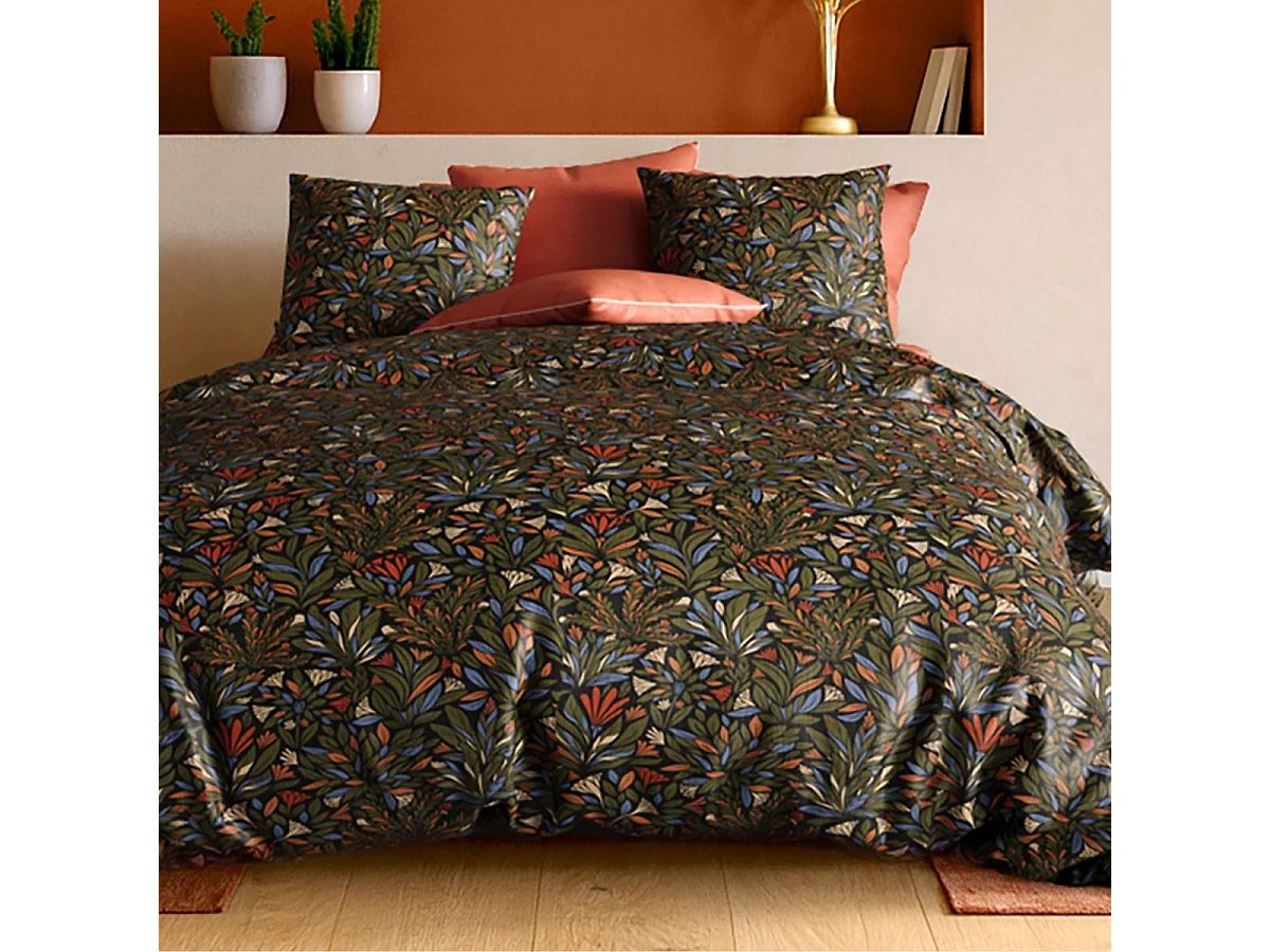 Parure housse de couette 240x220cm + 2 taies motif feuillage vert foncé 100% coton - BOLIVIA
