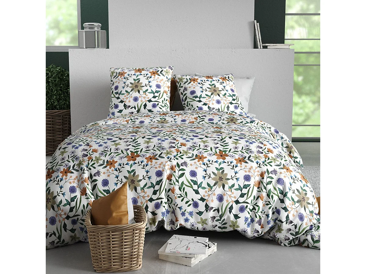 Parure housse de couette 260x240cm + 2 taies motif fleuri multicolore 100% coton - WASILA