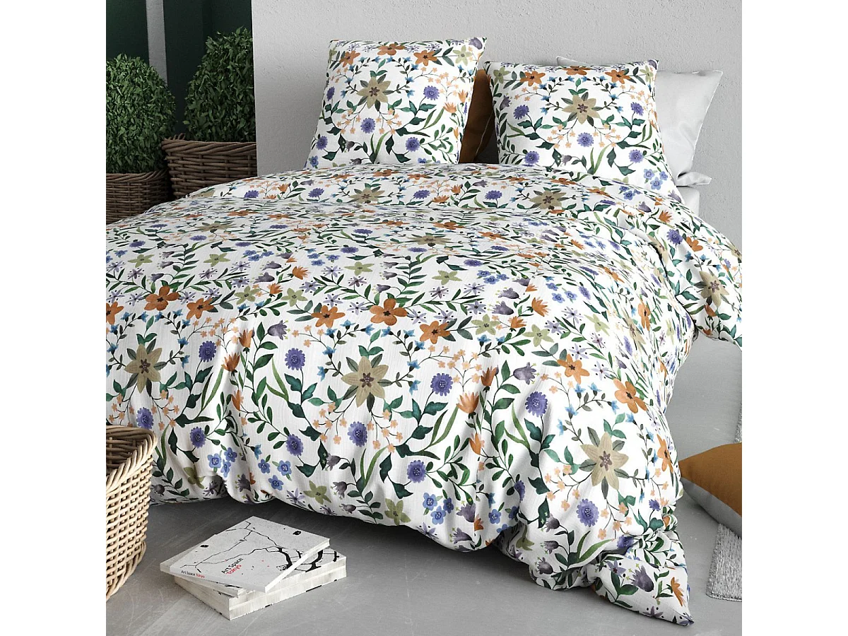 Parure housse de couette 260x240cm + 2 taies motif fleuri multicolore 100% coton - WASILA