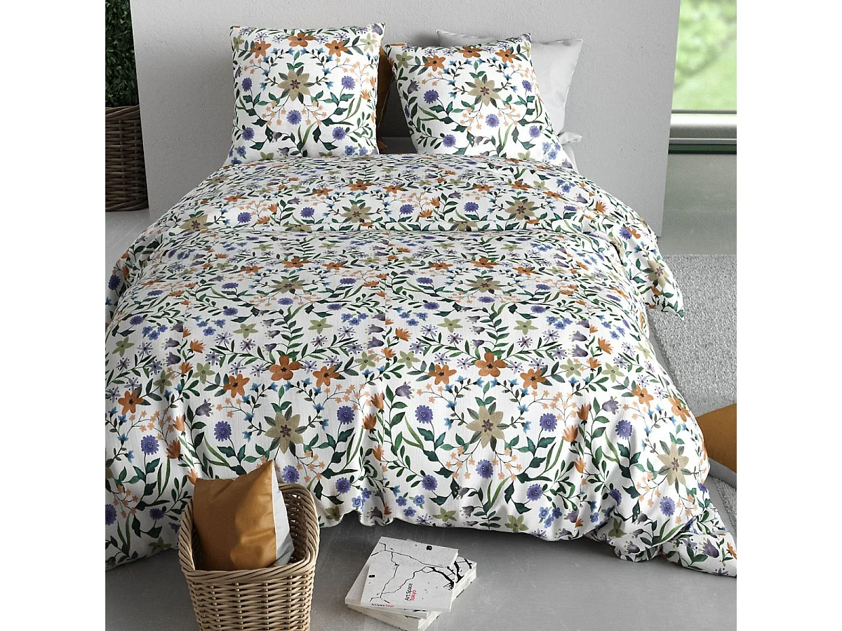 Parure housse de couette 260x240cm + 2 taies motif fleuri multicolore 100% coton - WASILA