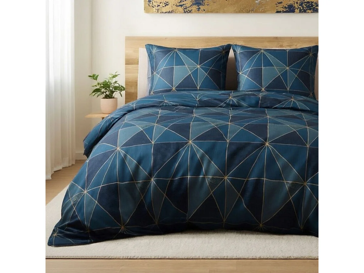 Parure housse de couette 240x220cm + 2 taies motif géométrique bleu 100% microfibre - KAMEL