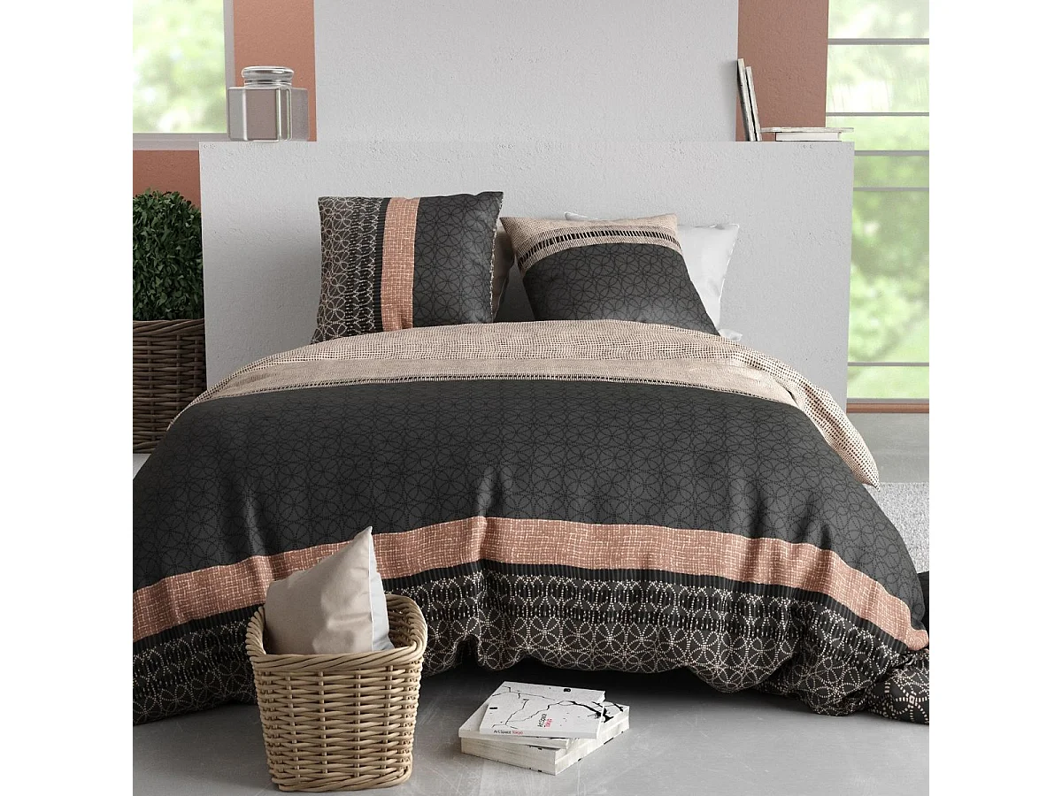 Parure housse de couette 240x220cm + 2 taies motif graphique beige et gris 100% coton - DIOGO