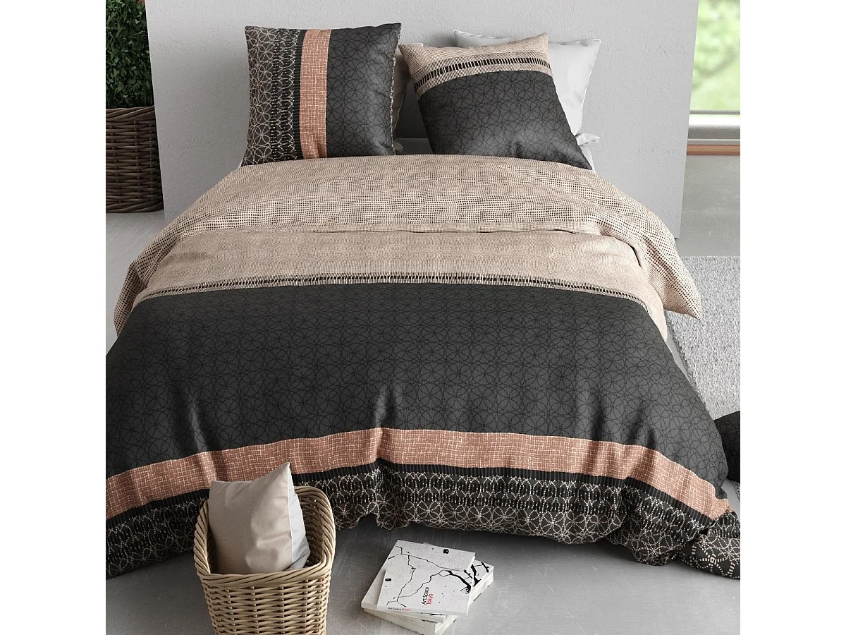 Parure housse de couette 240x220cm + 2 taies motif graphique beige et gris 100% coton - DIOGO