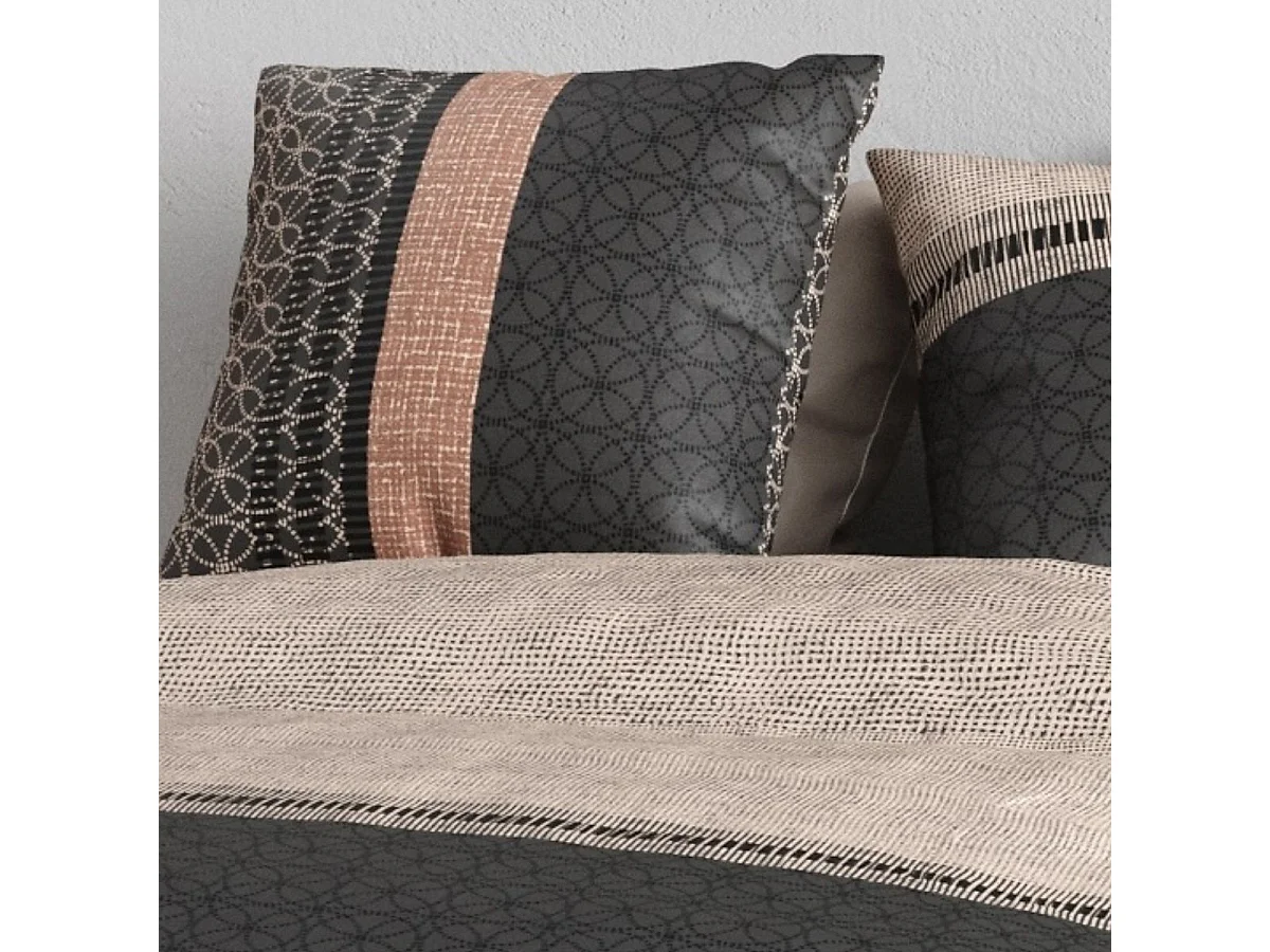Parure housse de couette 240x220cm + 2 taies motif graphique beige et gris 100% coton - DIOGO