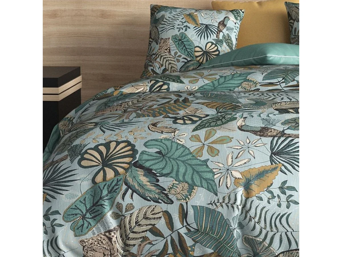 Parure housse de couette 260x240cm + 2 taies motif exotique bleu et vert 100% coton - YUCATAN