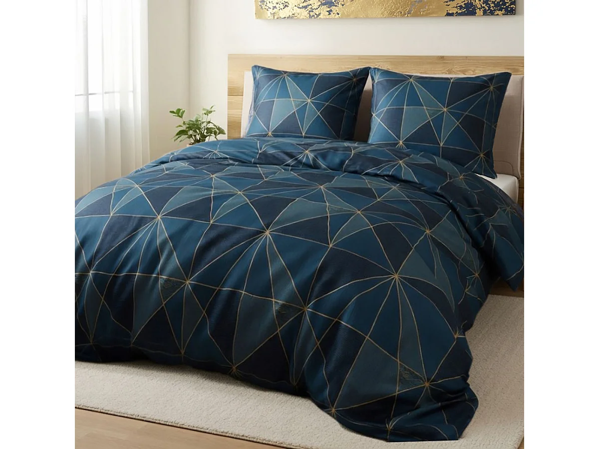 Parure housse de couette 260x240cm + 2 taies motif géométrique bleu 100% microfibre - KAMEL