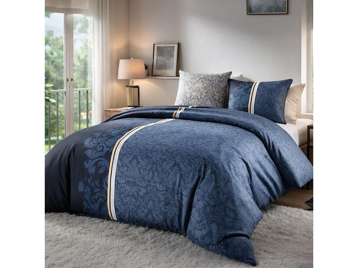 Parure housse de couette 240x220cm + 2 taies motif arabesques bleu 100% coton - FLORISE